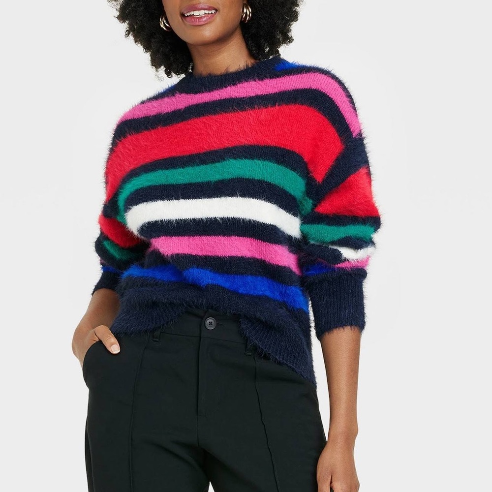 A new day faux fur colorful winter striped sweater